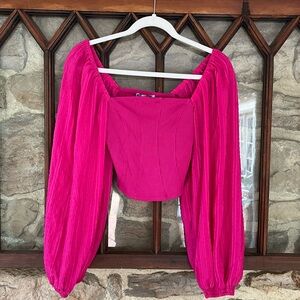 Urban Outfitters Puff Sleeve Hot Pink Long Sleeve Crop Top Stretch Knit, Size S